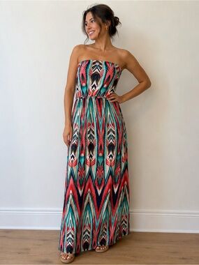 Ardene Strapless Maxi Dress in Coral, Teal & Black Size L